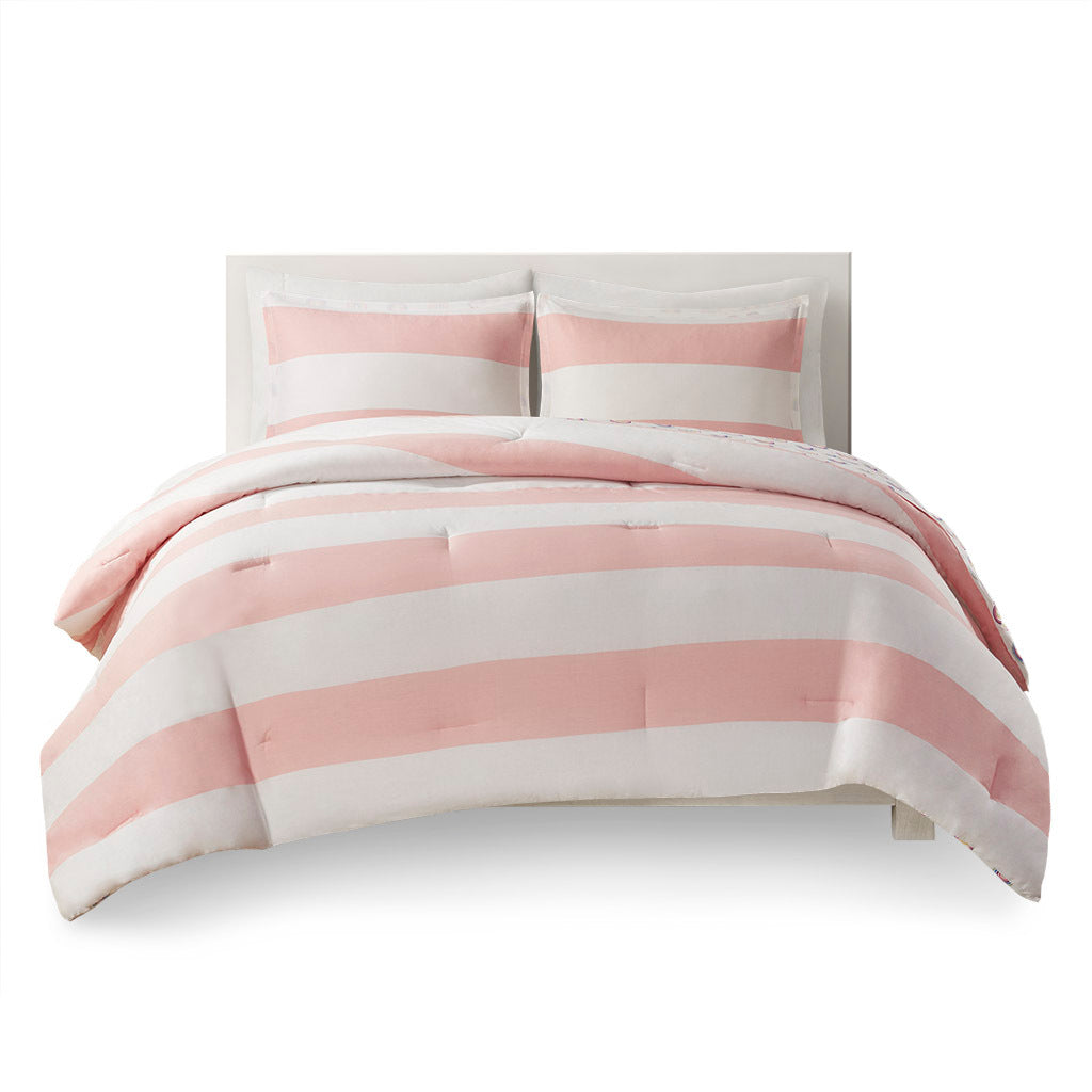 Cotton Cabana Stripe Reversible Comforter Set With Rainbow Reverse Full Pink Cotton