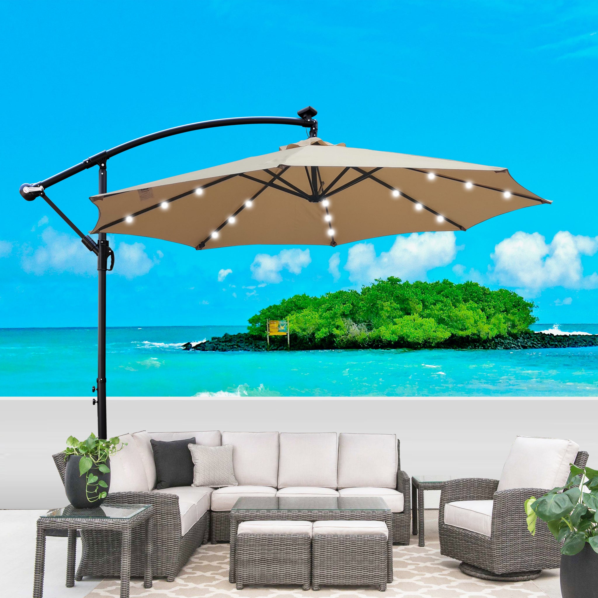 Tan 10 ft Outdoor Patio Umbrella Solar Powered Led Lighted Sun Shade Market Waterproof 8 Ribs Umbrella With Crank And Cross Base For Garden Deck