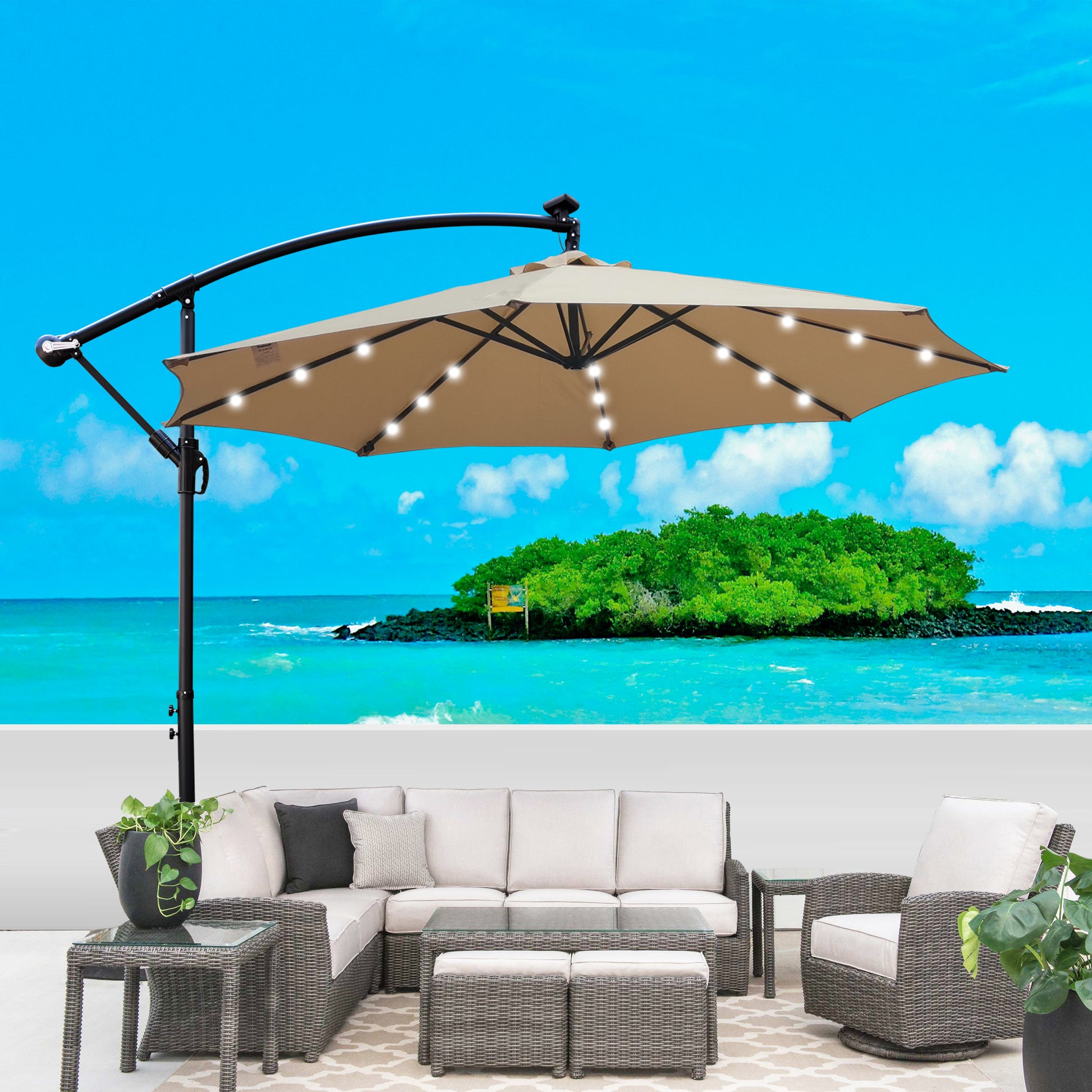 Tan 10 Ft Outdoor Patio Umbrella Solar Powered Led Lighted Sun Shade Market Waterproof 8 Ribs Umbrella With Crank And Cross Base For Garden Deck Tan 10 Ft Outdoor Patio Umbrella Solar Powered Led Lighted Sun Shade Market Waterproof 8 Ribs Umbrella With Crank And Cross Base For Garden Deck