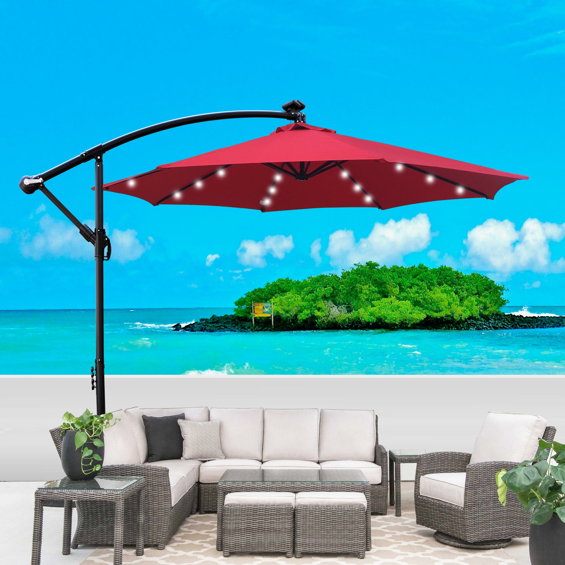 lighted umbrella patio 10 Ft Outdoor Patio Umbrella Solar Powered Led Lighted 8 Ribs Umbrella With Crank And Cross Base For Garden Outside Deck Swimming Pool Red Metal