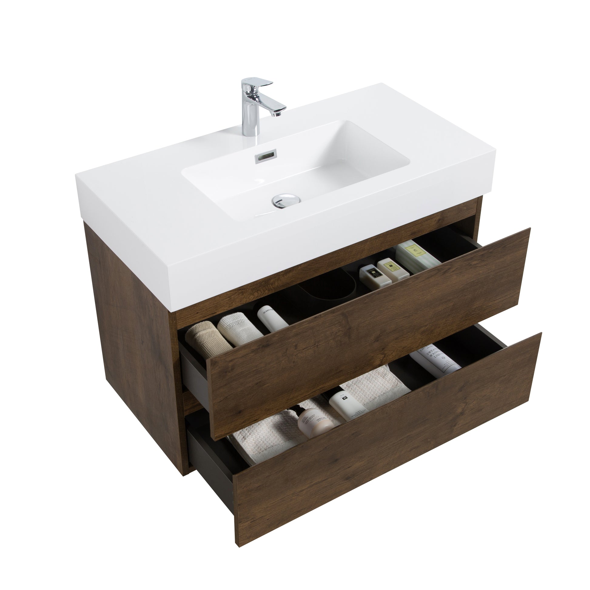 Alice 36" Walnut Bathroom Vanity With Sink, Large Storage Wall Mounted Floating Bathroom Vanity For Modern Bathroom, One Piece White Sink Basin Without Drain And Faucet, Pre Assembled White Walnut Melamine