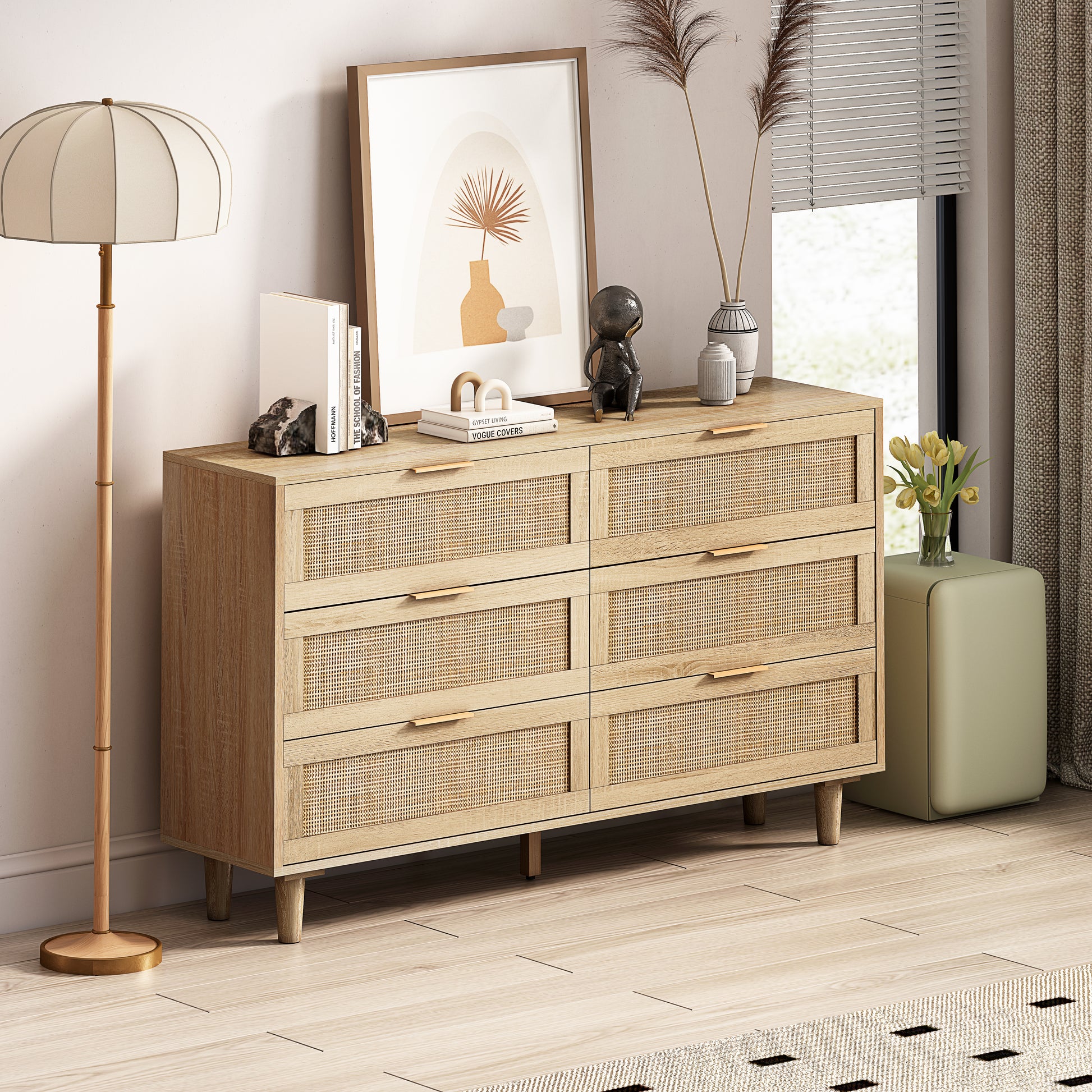 51.18"6 Drawers Rattan Storage Cabinet Rattan Drawer,For Bedroom,Living Room,Natural Same Sku:W757P198980 Natural Particle Board