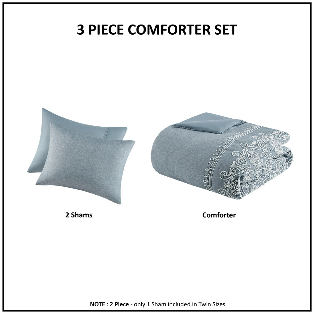 Embroidered Comforter Set Full Blue Polyester