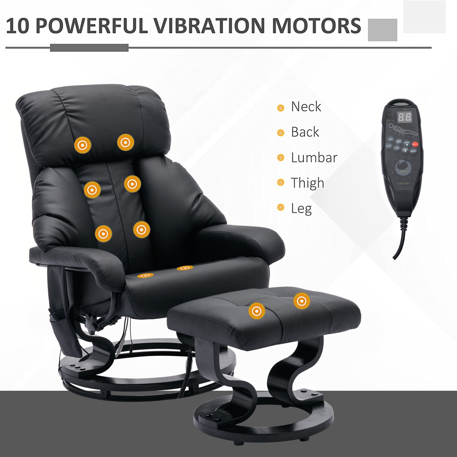 Recliner With Ottoman Footrest, Recliner Chair With Vibration Massage, Faux Leather And Swivel Wood Base For Living Room And Bedroom, Black Black Pu