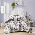 Floral Print Duvet Cover Set Full White Black Microfiber