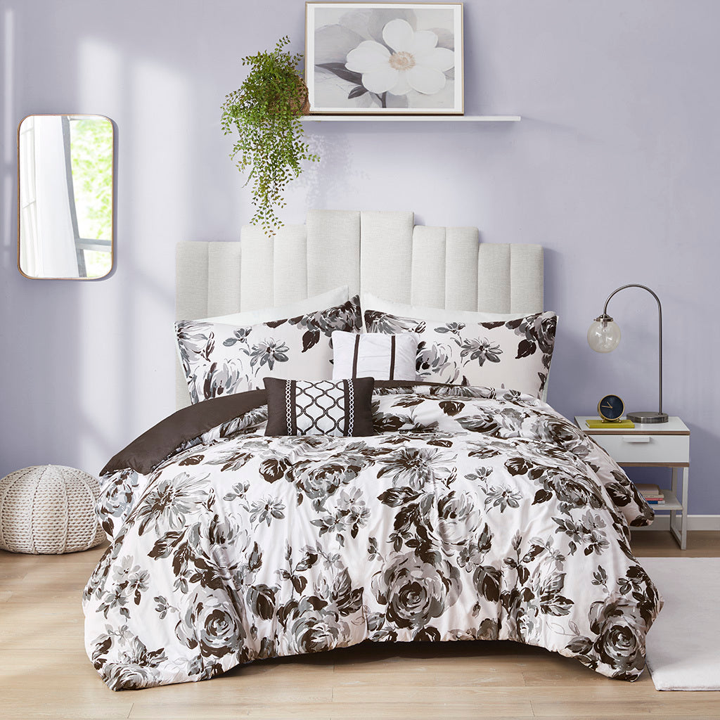 Floral Print Duvet Cover Set Full White Black Microfiber