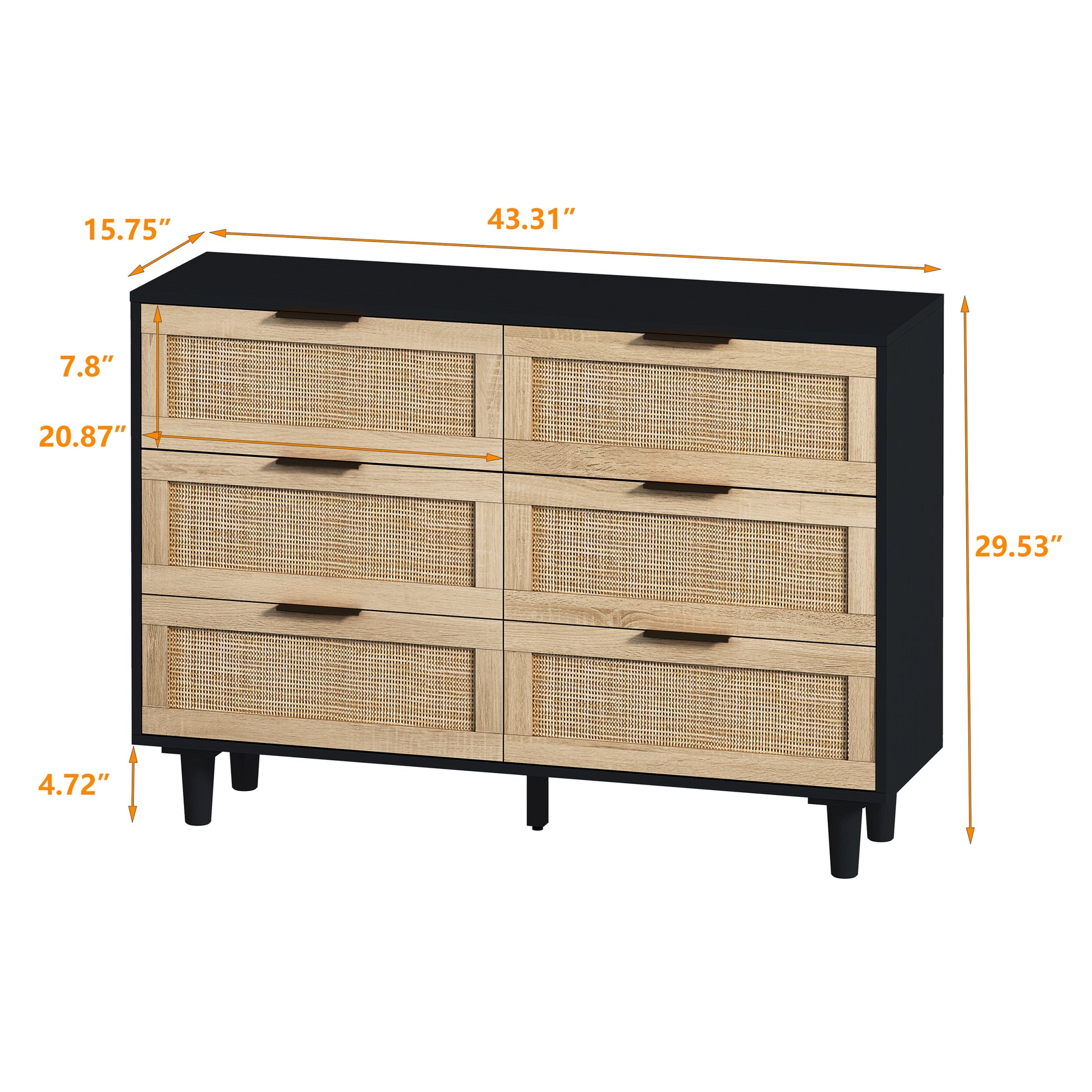 43.31"6 Drawers Rattan Storage Cabinet Rattan Drawer,For Bedroom,Living Room,Black Black Particle Board