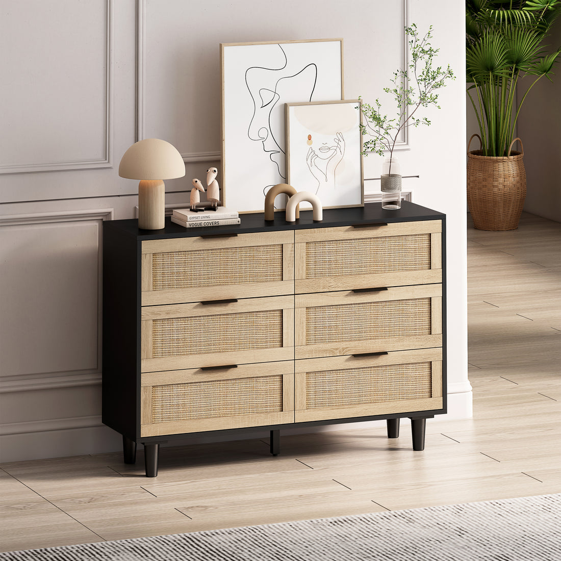 43.31"6 Drawers Rattan Storage Cabinet Rattan Drawer,For Bedroom,Living Room,Black Black Particle Board