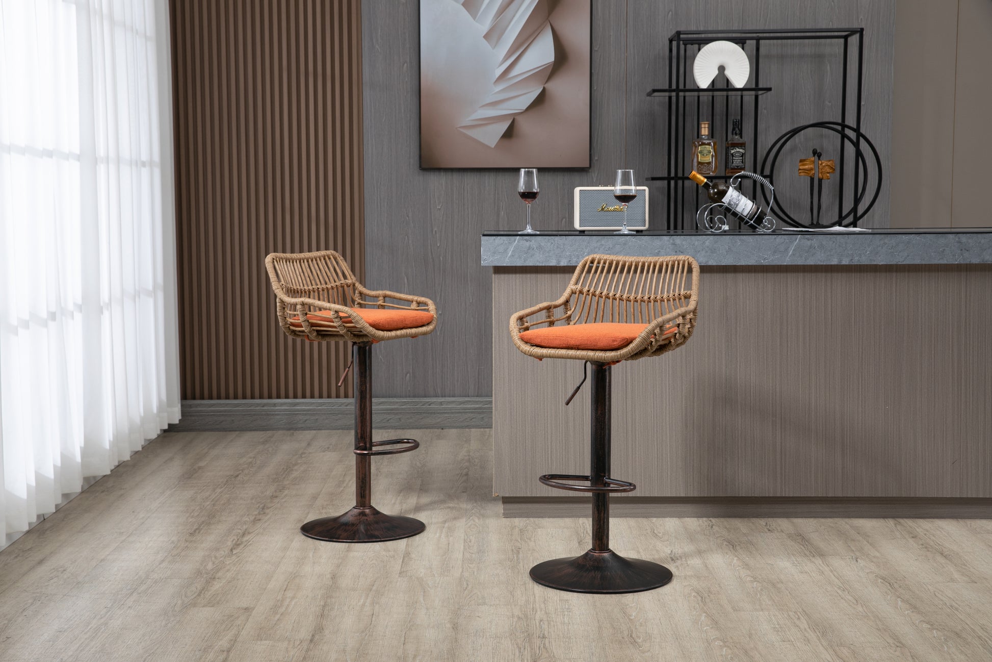 Coolmore Swivel Bar Stools Set Of 2 Adjustable Counter Height Chairs With Footrest For Kitchen, Dining Room 2Pc Set Orange Polyester