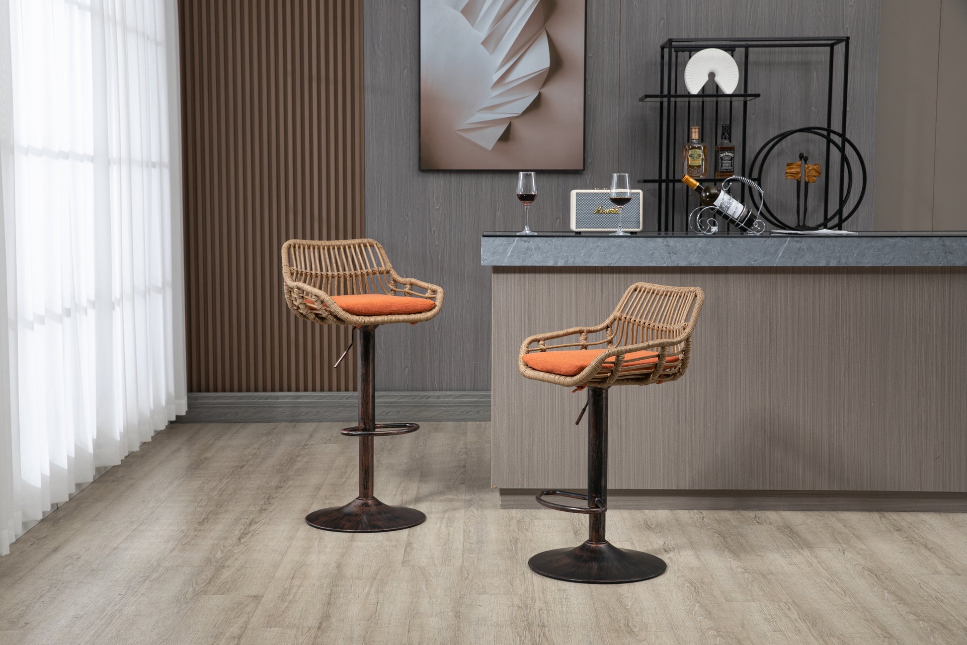 Coolmore Swivel Bar Stools Set Of 2 Adjustable Counter Height Chairs With Footrest For Kitchen, Dining Room 2Pc Set Orange Polyester