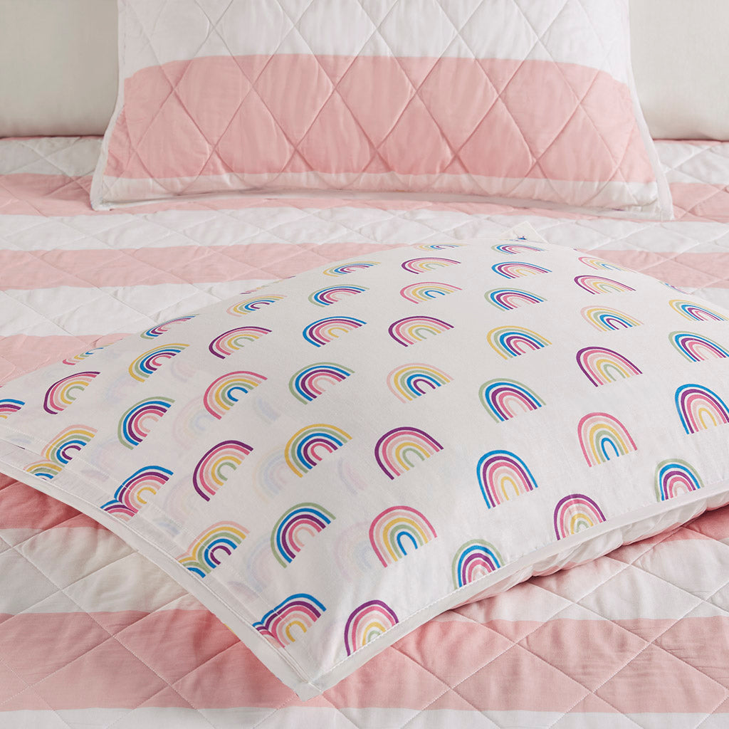 Cotton Cabana Stripe Reversible Quilt Set With Rainbow Reverse Full Pink Cotton