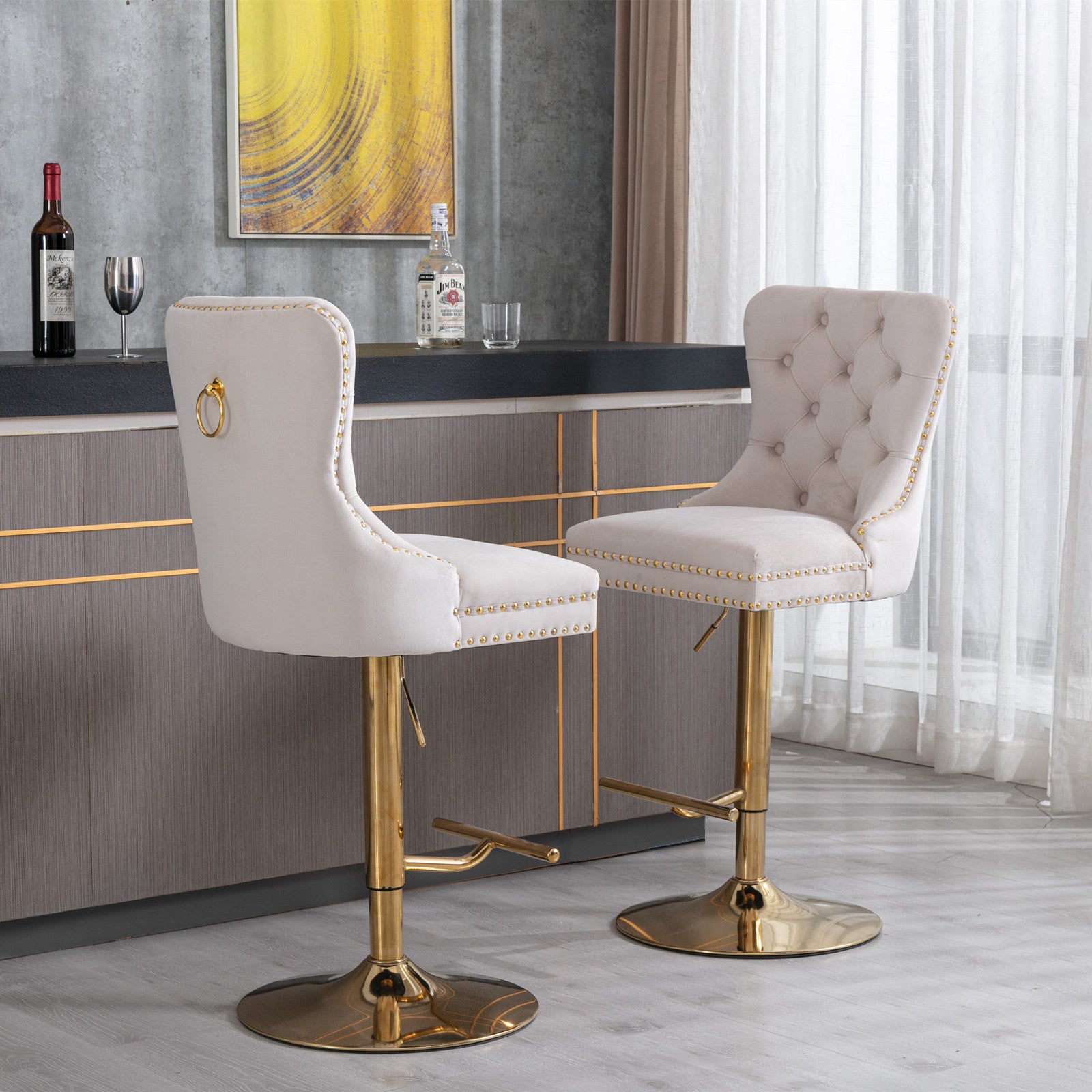 Thick Golden Swivel Velvet Barstools Adjusatble Seat Height From 27 35 Inch, Modern Upholstered Bar Stools With Backs Comfortable Tufted For Home Pub And Kitchen Island Beige,Set Of 2 Beige Dining Room American Design Bar Stools Rubberwood Set Of 2 Foam