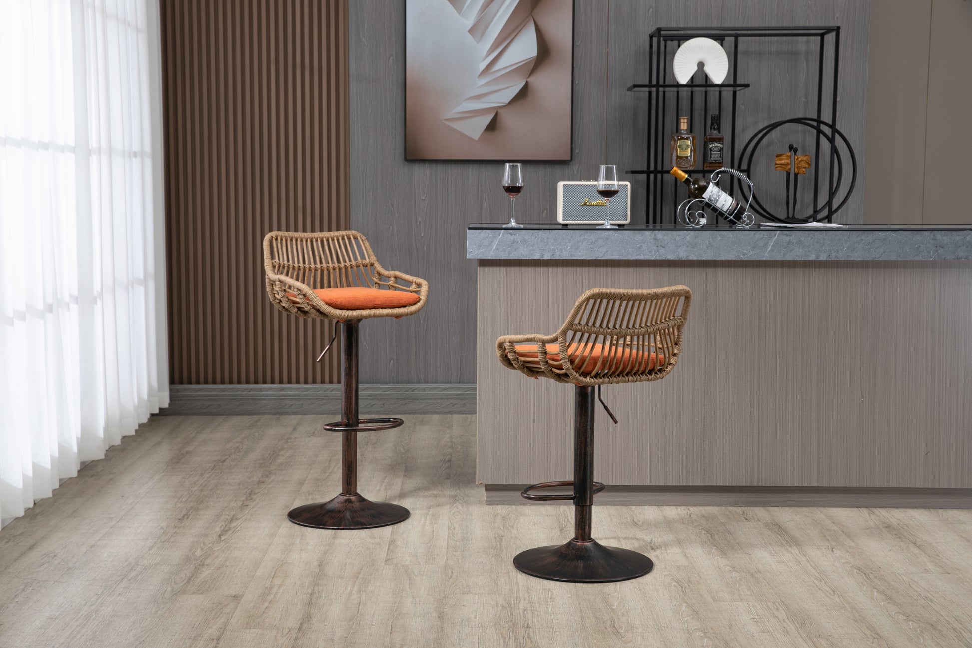 Coolmore Swivel Bar Stools Set Of 2 Adjustable Counter Height Chairs With Footrest For Kitchen, Dining Room 2Pc Set Orange Polyester