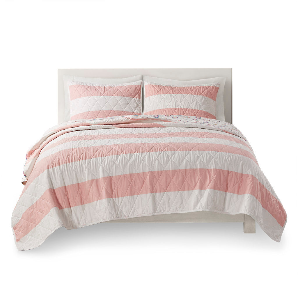 Cotton Cabana Stripe Reversible Quilt Set With Rainbow Reverse Full Pink Cotton