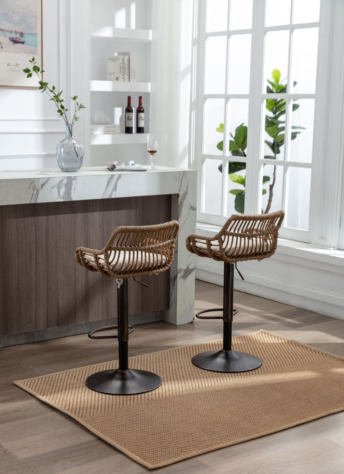 Coolmore Swivel Bar Stools Set Of 2 Adjustable Counter Height Chairs With Footrest For Kitchen, Dining Room 2Pc Set Beige Polyester