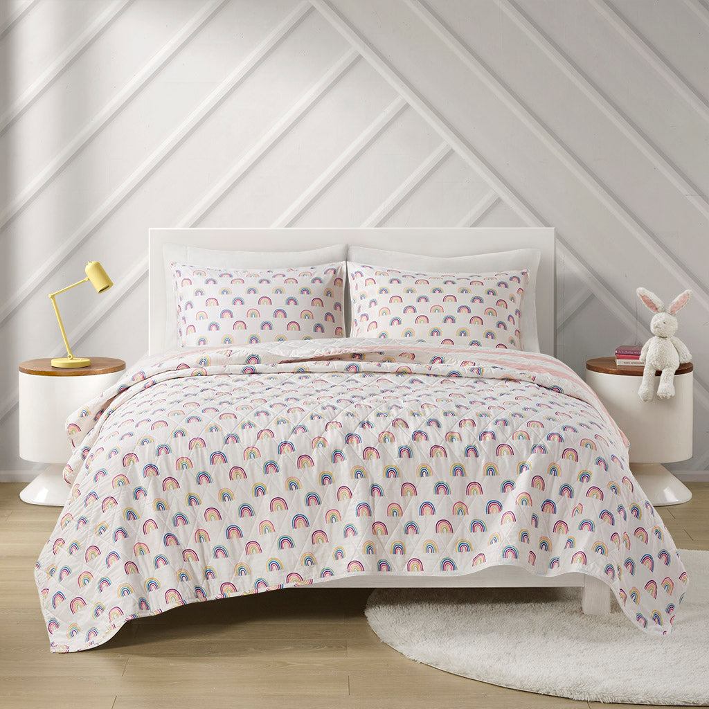 Cotton Cabana Stripe Reversible Quilt Set With Rainbow Reverse Full Pink Cotton