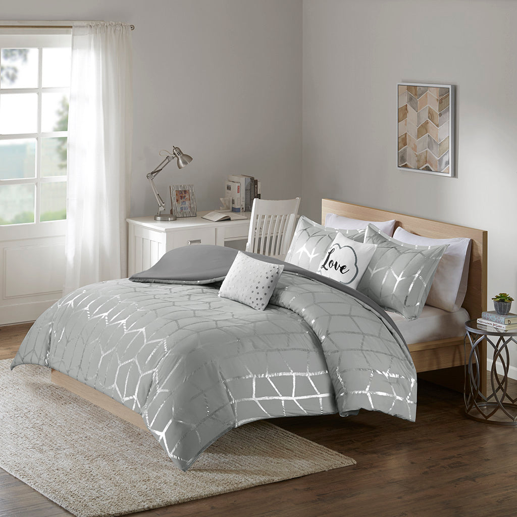 Metallic Printed Duvet Cover Set King Grey Silver Polyester