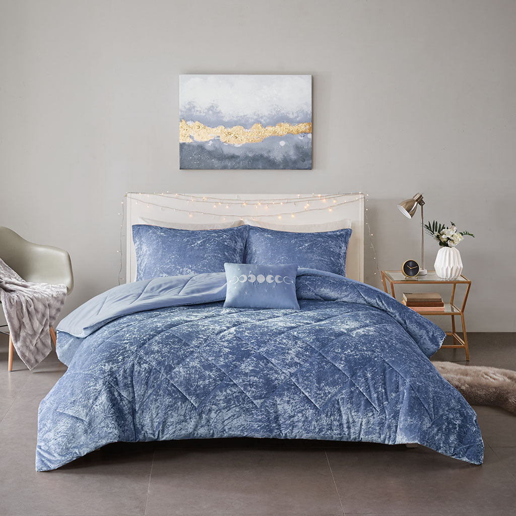 Velvet Comforter Set Full Blue Polyester