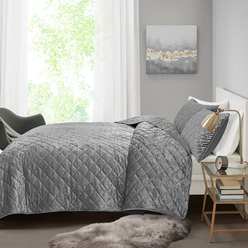 Velvet Quilt Set Full Grey Polyester