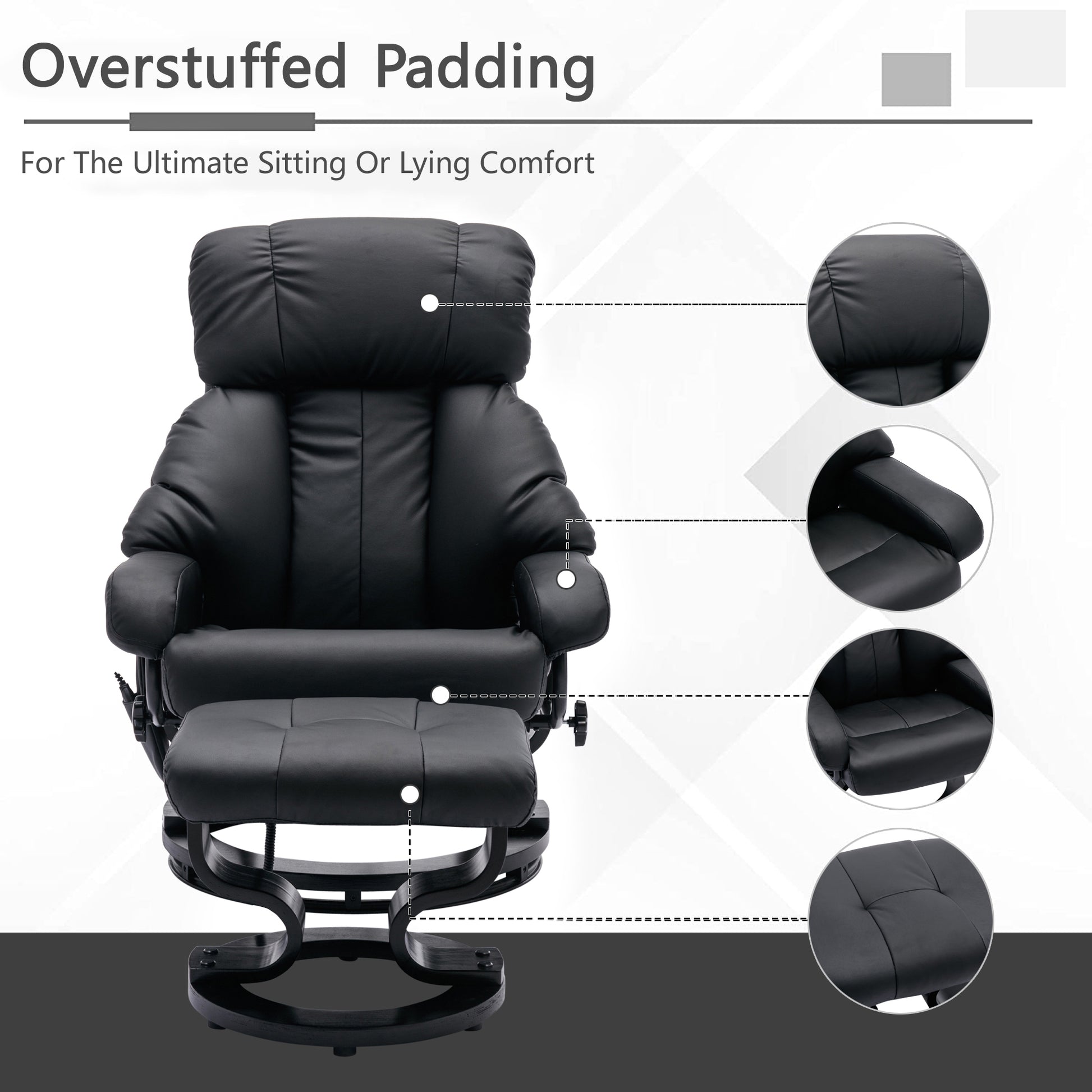 Recliner With Ottoman Footrest, Recliner Chair With Vibration Massage, Faux Leather And Swivel Wood Base For Living Room And Bedroom, Black Black Pu