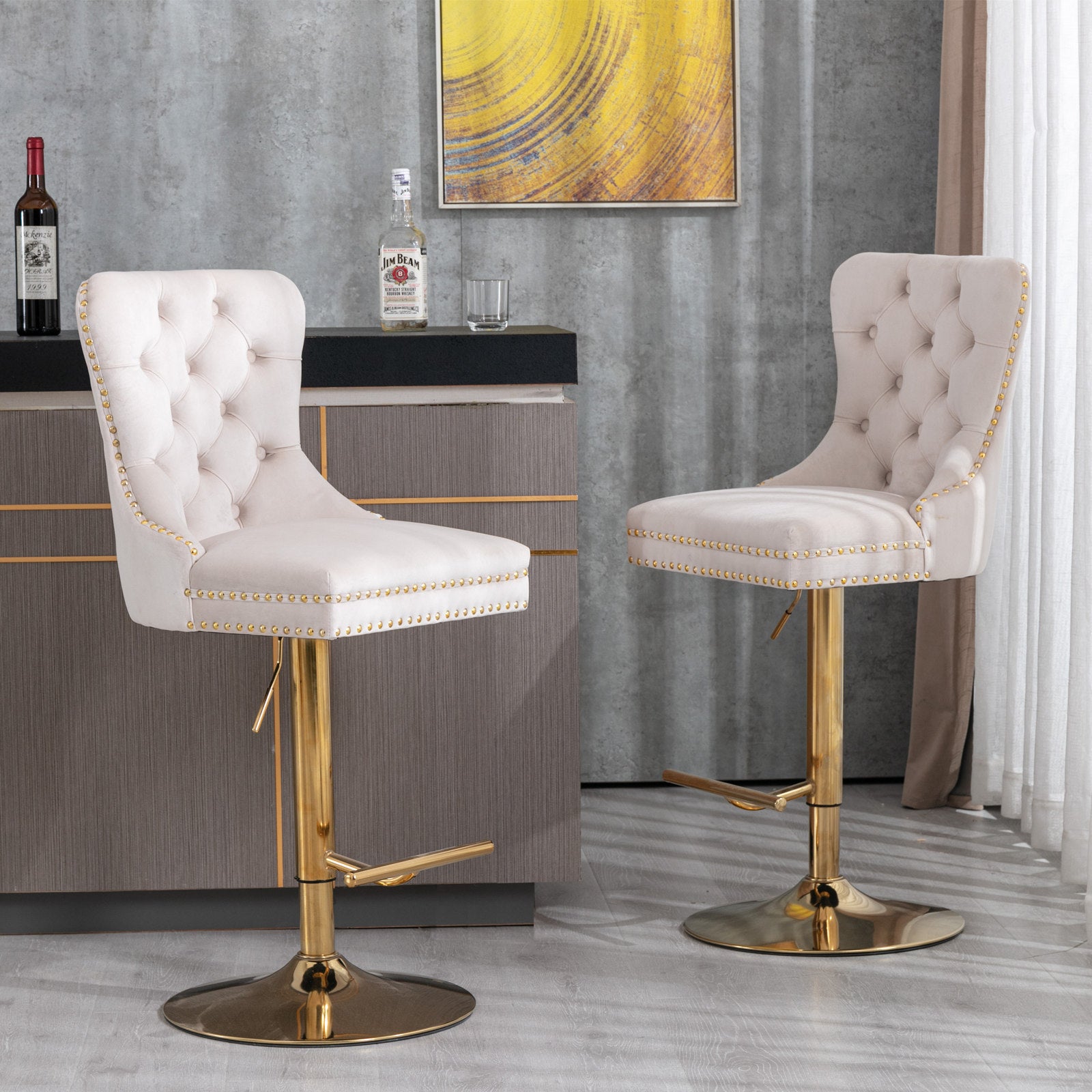 Thick Golden Swivel Velvet Barstools Adjusatble Seat Height From 27 35 Inch, Modern Upholstered Bar Stools With Backs Comfortable Tufted For Home Pub And Kitchen Island Beige,Set Of 2 Beige Dining Room American Design Bar Stools Rubberwood Set Of 2 Foam