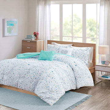 Metallic Printed And Pintucked Comforter Set Twin Aqua Blue Polyester