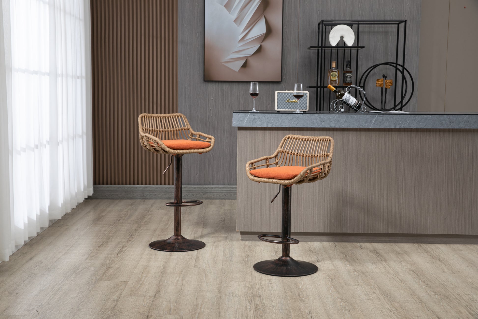 Coolmore Swivel Bar Stools Set Of 2 Adjustable Counter Height Chairs With Footrest For Kitchen, Dining Room 2Pc Set Orange Polyester