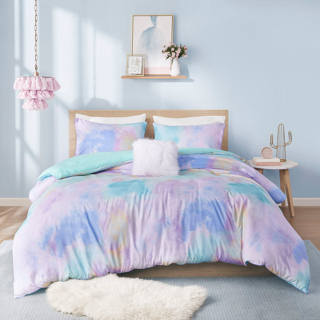 Watercolor Tie Dye Printed Duvet Cover Set with Throw aqua-polyester