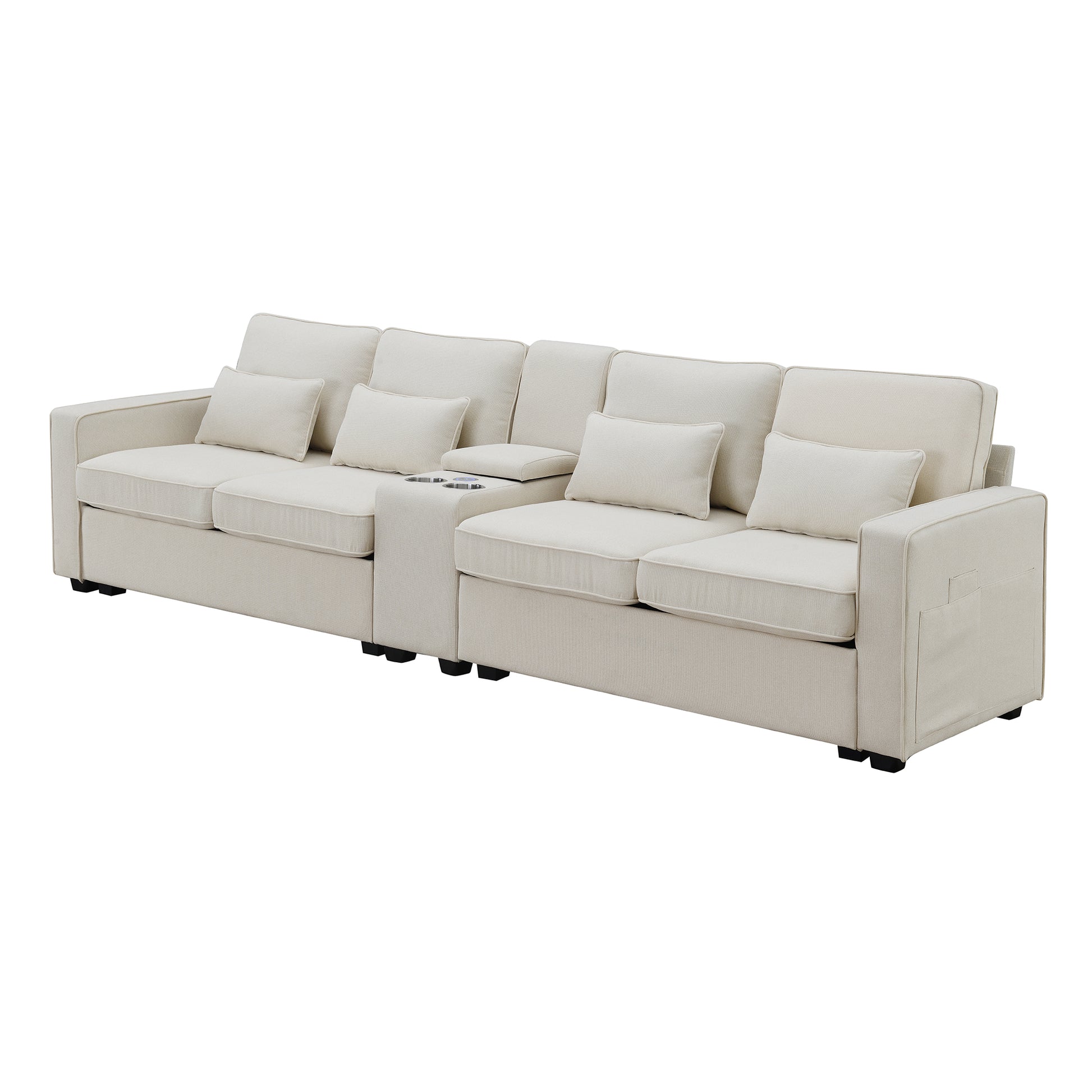 114.2" Upholstered Sofa With Console, 2 Cupholders And 2 Usb Ports Wired Or Wirelessly Charged, Modern Linen Fabric Couches With 4 Pillows For Living Room, Apartment 4 Seat Beige Fabric 4 Seat