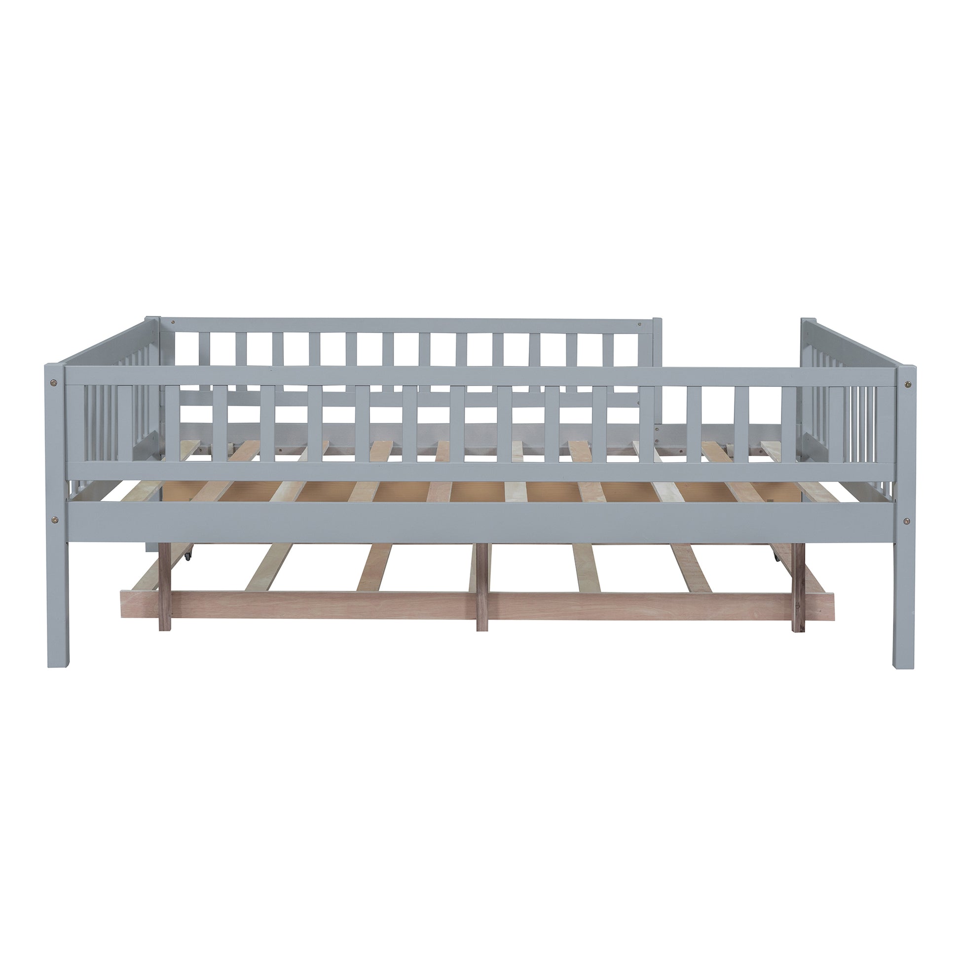 Full Size Wood Daybed With Trundle And Fence Guardrails, Gray Full Gray Solid Wood Mdf