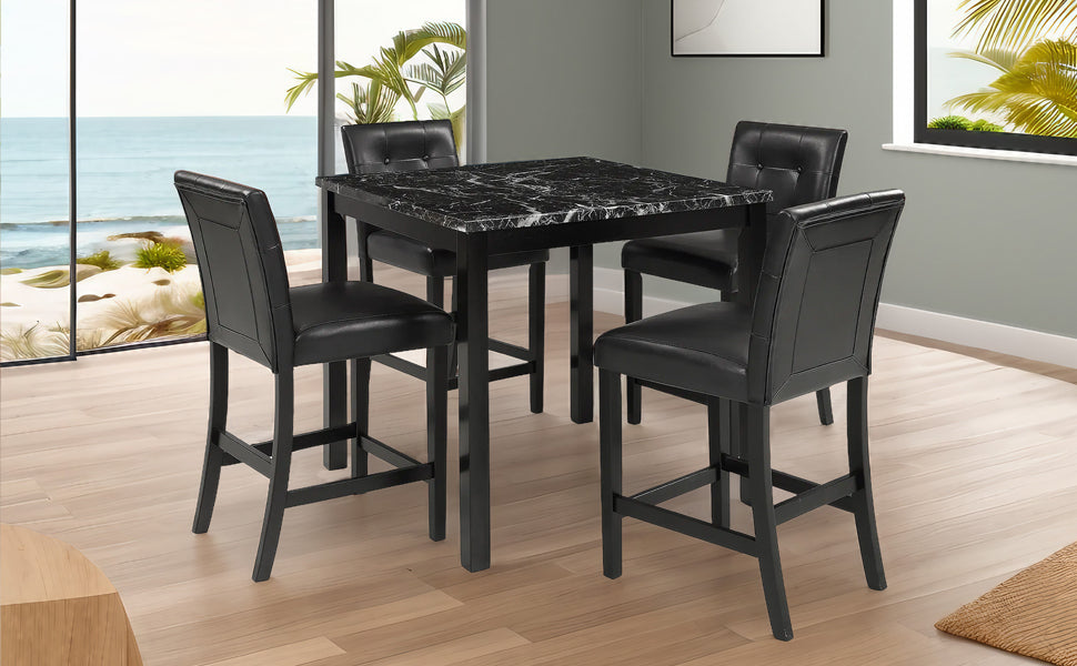 5 Piece Kitchen Table Set Faux Marble Top Counter Height Dining Table Set With 4 Pu Leather Upholstered Chairs, Black Wood Dining Room Solid Wood Rubberwood Rectangular Dining Table With Chair Upholstered Chair Wood Black Solid Back Seats 4 36 Inches