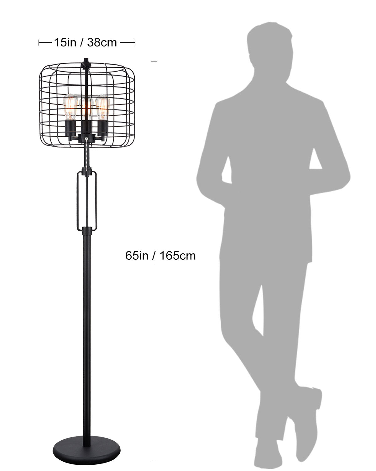 65"H Black Industrial Wire Cage Floor Lamp W Edison Bulb 1Pcs Cnt 4.88 24.68 Black Metal