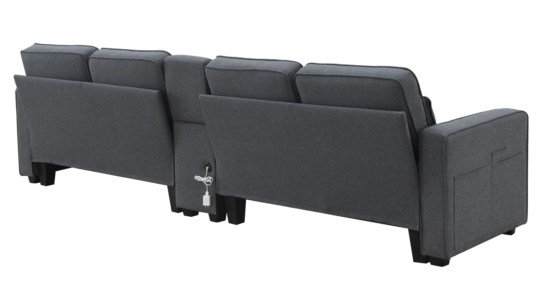 114.2" Upholstered Sofa With Console, 2 Cupholders And 2 Usb Ports Wired Or Wirelessly Charged, Modern Linen Fabric Couches With 4 Pillows For Living Room, Apartment 4 Seat Dark Grey Fabric 4 Seat