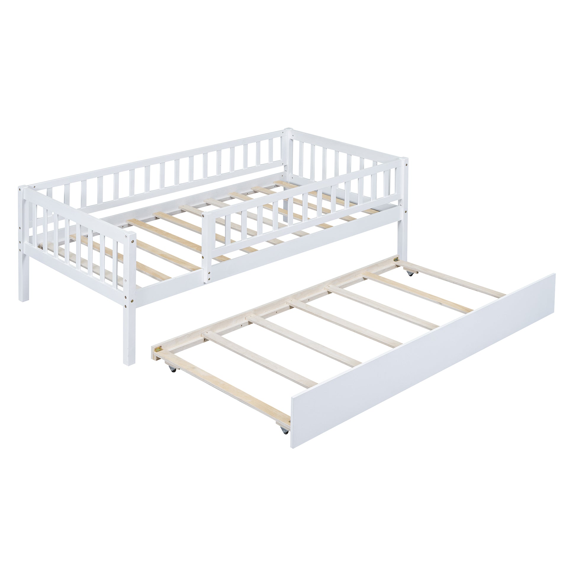 Twin Size Wood Daybed With Trundle And Fence Guardrails, White Twin White Solid Wood Mdf