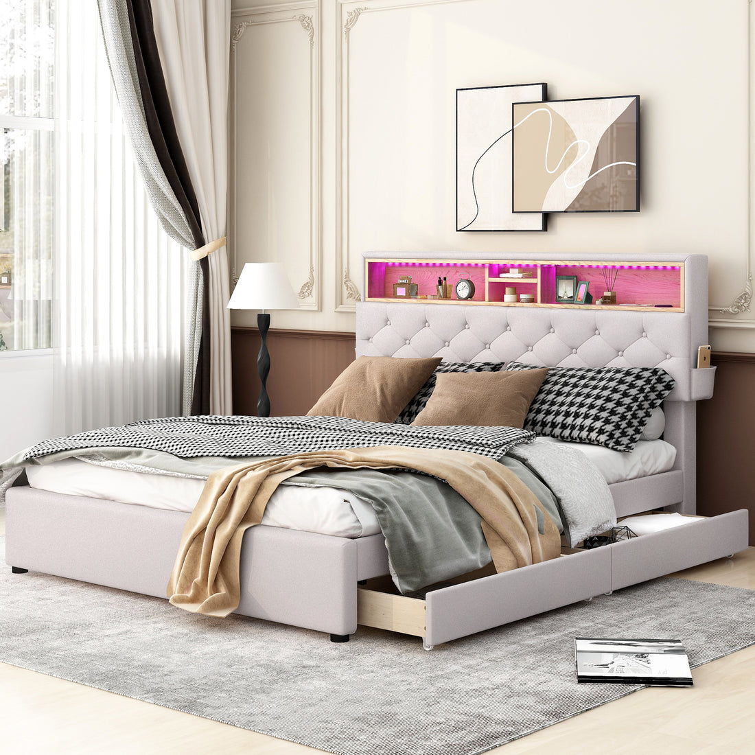 Queen Size Upholstered Platform Bed With Storage Headboard, Led, Usb Charging And 2 Drawers, Beige Beige Upholstered