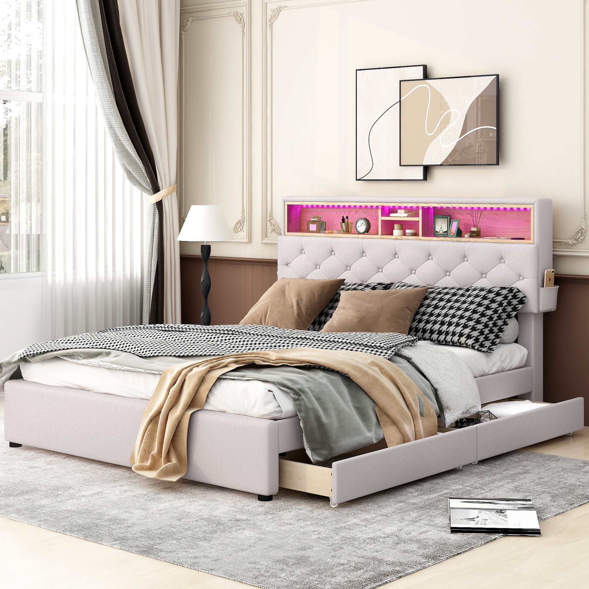 Queen Size Upholstered Platform Bed With Storage Headboard, Led, Usb Charging And 2 Drawers, Beige Beige Upholstered