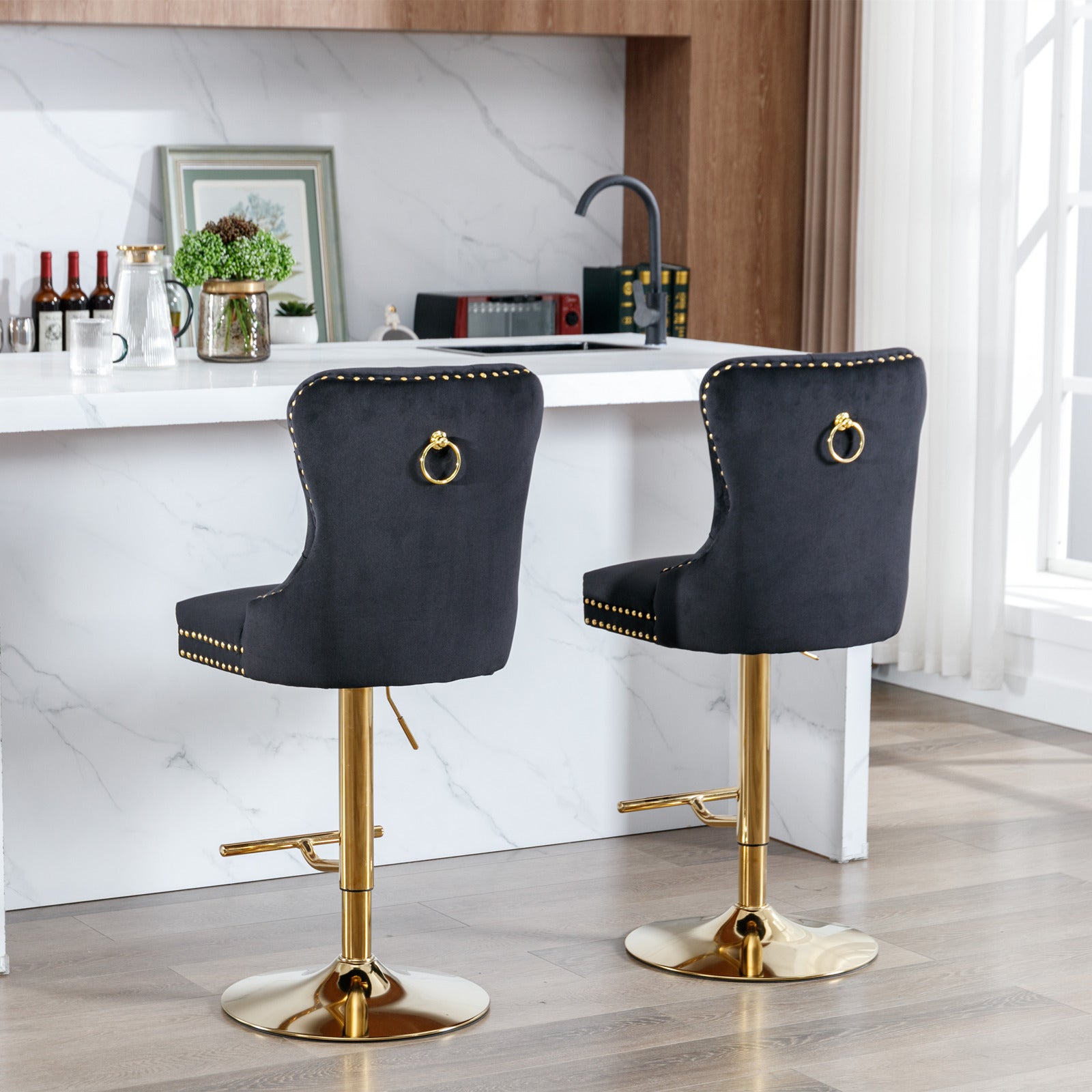 Thick Golden Swivel Velvet Barstools Adjusatble Seat Height From 27 35 Inch, Modern Upholstered Bar Stools With Backs Comfortable Tufted For Home Pub And Kitchen Island Black,Set Of 2 Black Foam Velvet