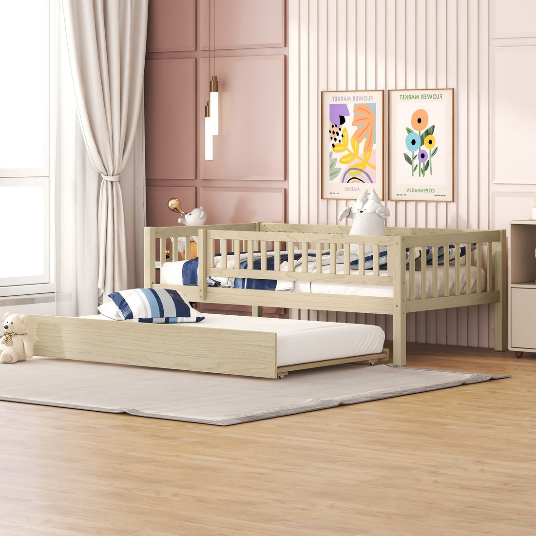 Twin Size Wood Daybed With Trundle And Fence Guardrails, Natural Twin Natural Solid Wood Mdf