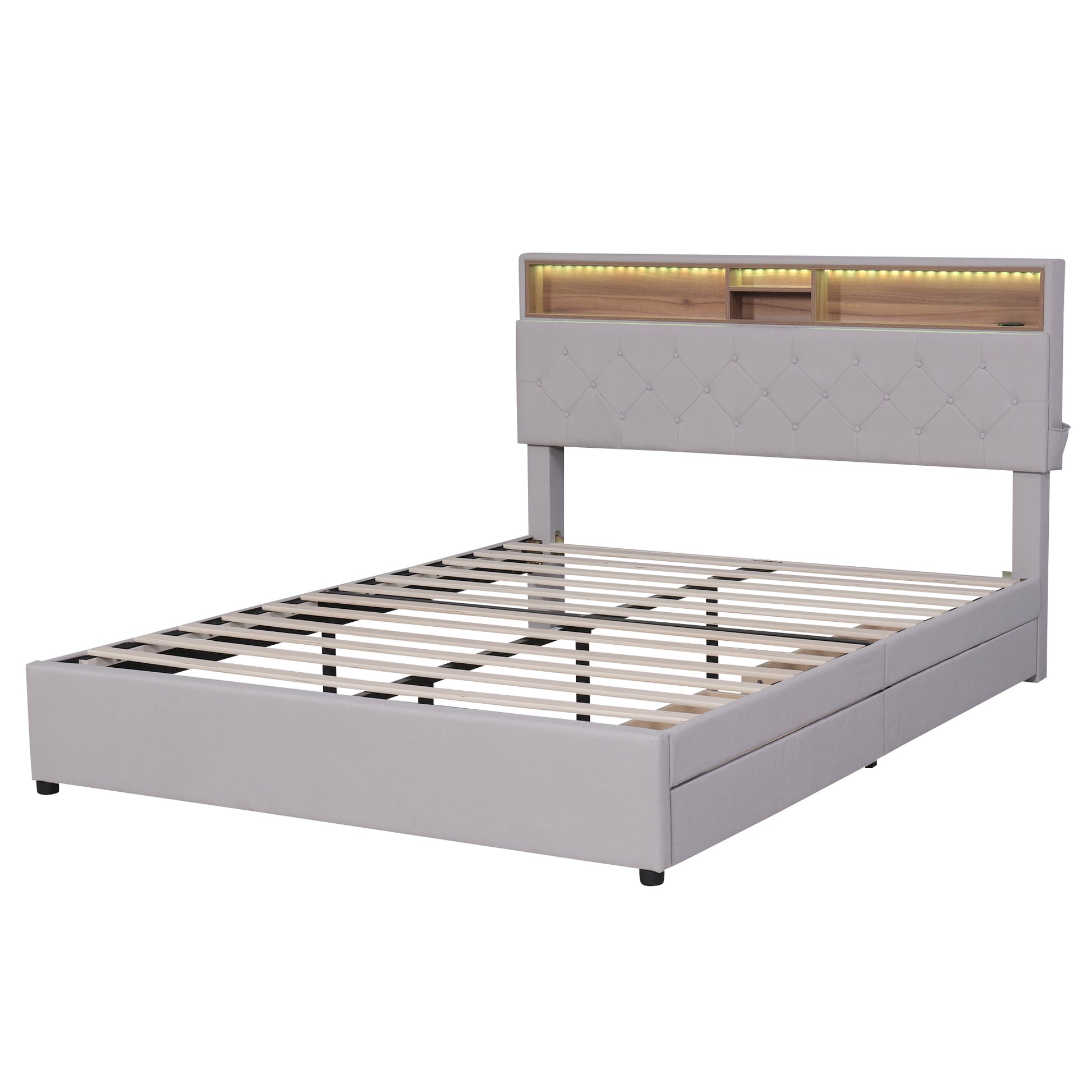 Queen Size Upholstered Platform Bed With Storage Headboard, Led, Usb Charging And 2 Drawers, Beige Beige Upholstered
