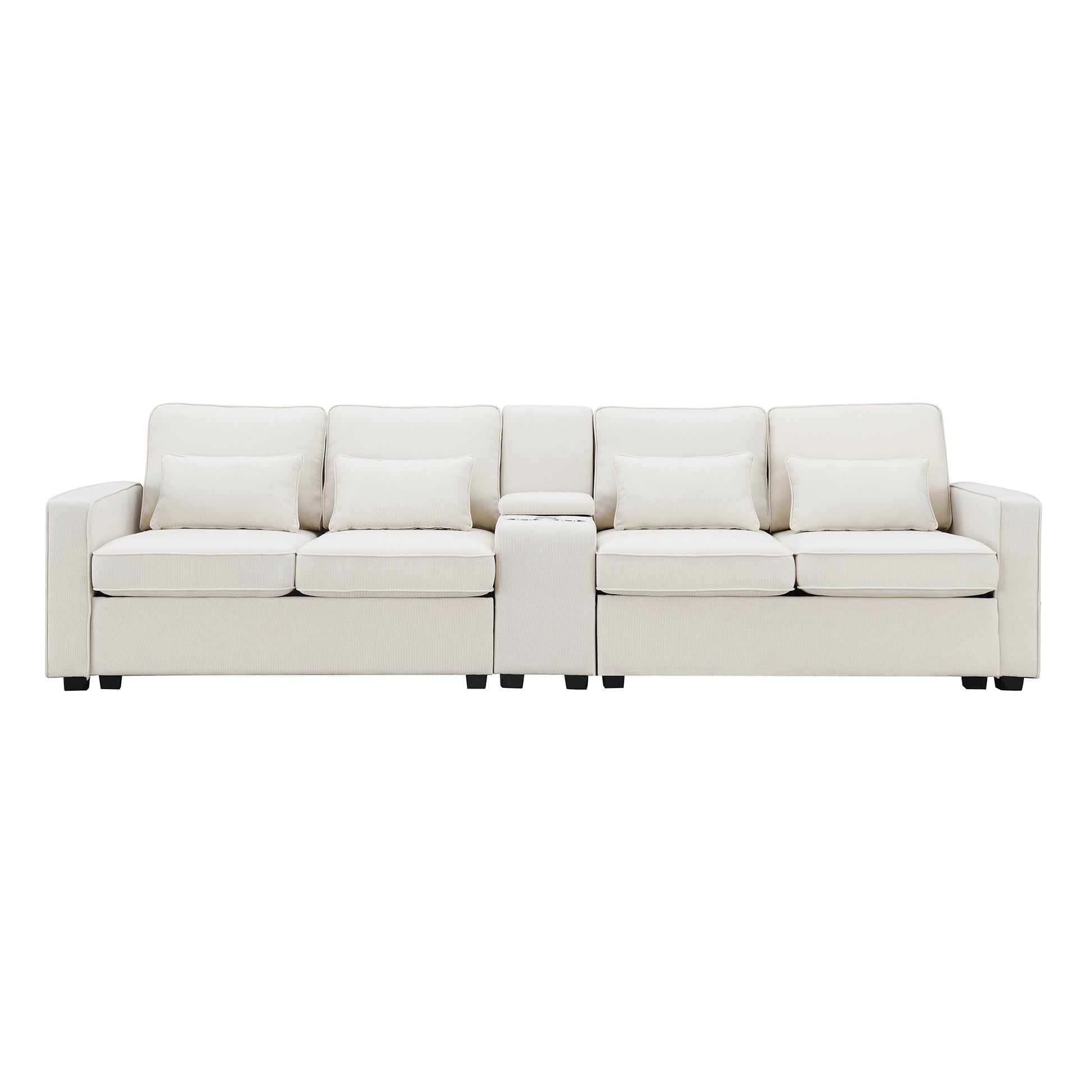 114.2" Upholstered Sofa With Console, 2 Cupholders And 2 Usb Ports Wired Or Wirelessly Charged, Modern Linen Fabric Couches With 4 Pillows For Living Room, Apartment 4 Seat Beige Fabric 4 Seat