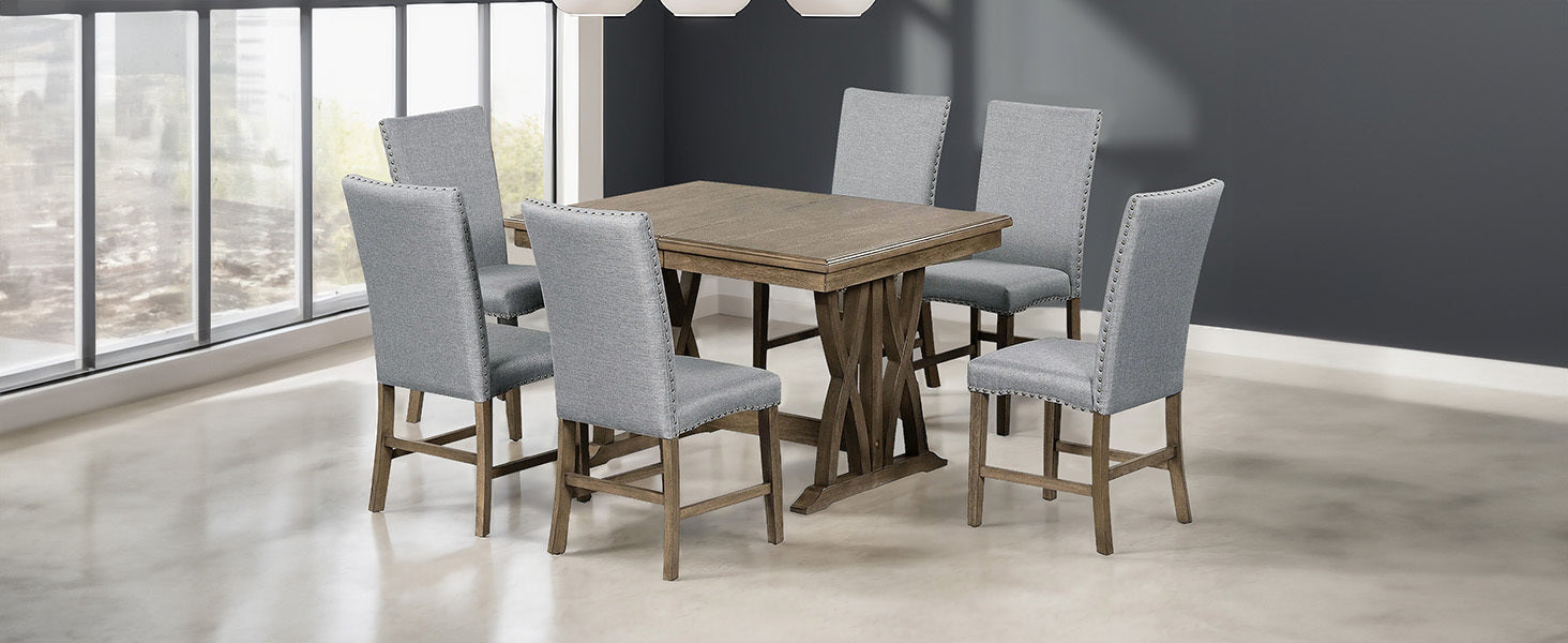 Mid Century Solid Wood 7 Piece Dining Table Set Extendable Kitchen Table Set With Upholstered Chairs And 12" Leaf For 6, Golden Brown Gray Cushion Brown Wood Dining Room Solid Wood Rubberwood Rectangular Dining Table With Chair Upholstered Chair Wood