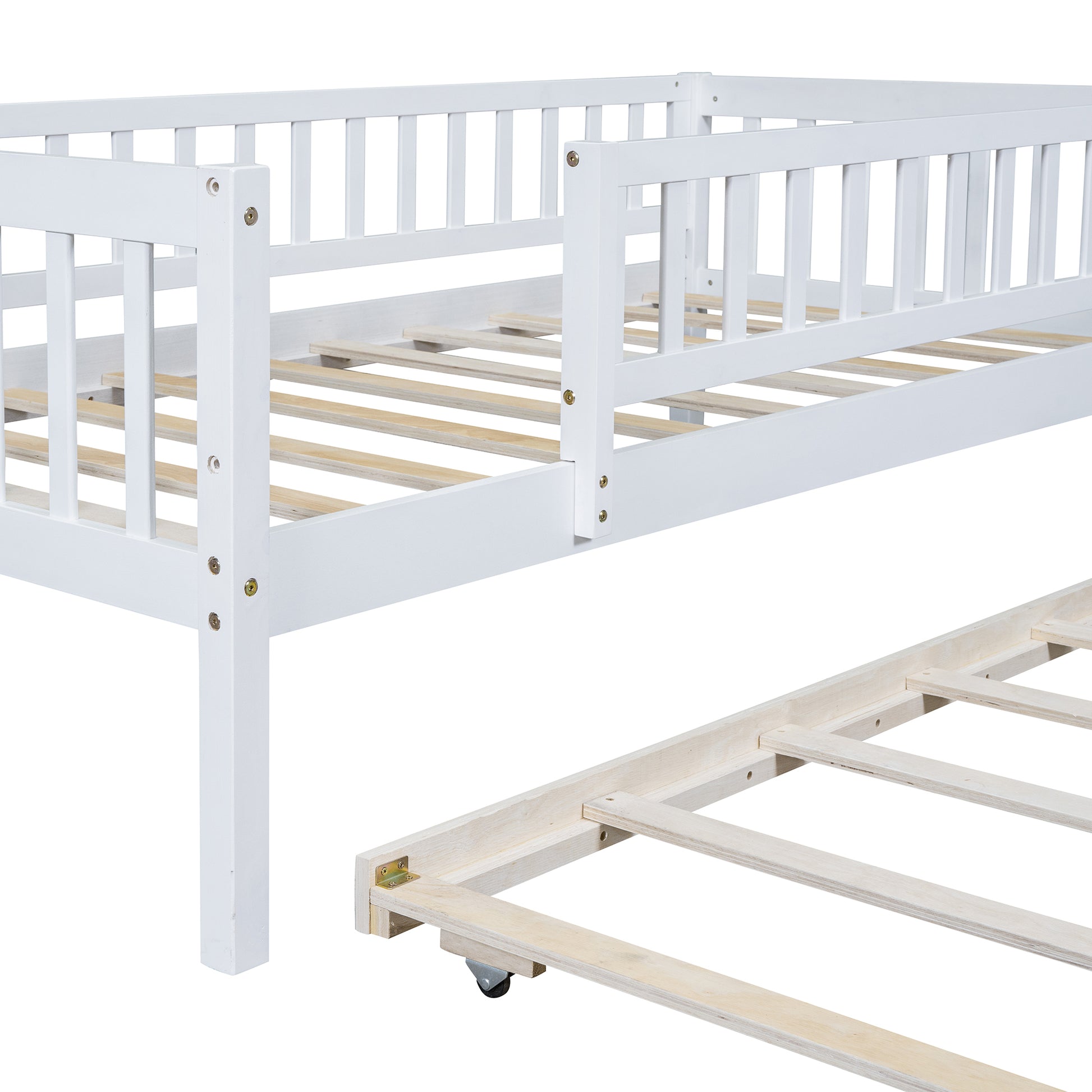 Twin Size Wood Daybed With Trundle And Fence Guardrails, White Twin White Solid Wood Mdf