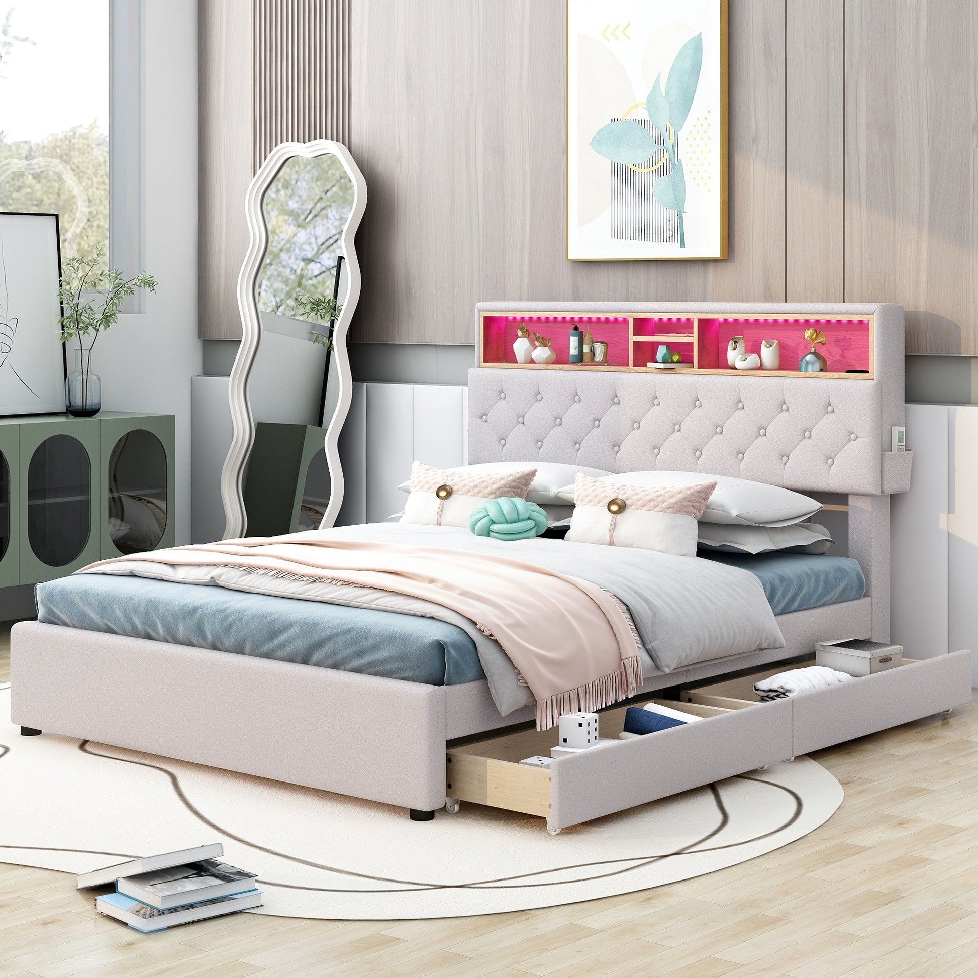 Full Size Upholstered Platform Bed With Storage Headboard, Led, Usb Charging And 2 Drawers, Beige Box Spring Not Required Beige Wood Linen Upholstered
