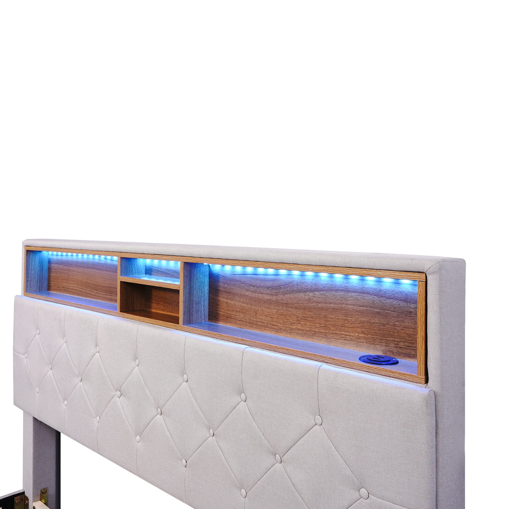 Full Size Upholstered Platform Bed With Storage Headboard, Led, Usb Charging And 2 Drawers, Beige Box Spring Not Required Beige Wood Linen Upholstered