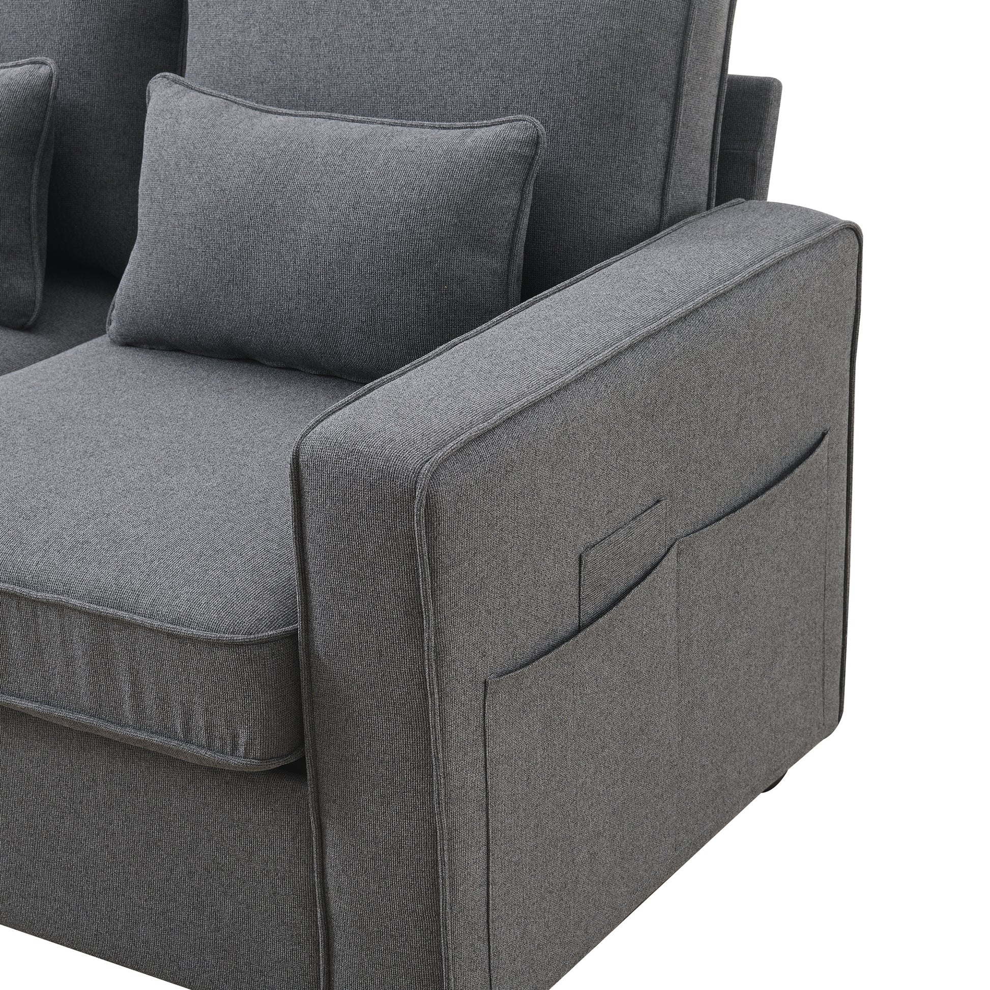 114.2" Upholstered Sofa With Console, 2 Cupholders And 2 Usb Ports Wired Or Wirelessly Charged, Modern Linen Fabric Couches With 4 Pillows For Living Room, Apartment 4 Seat Dark Grey Fabric 4 Seat