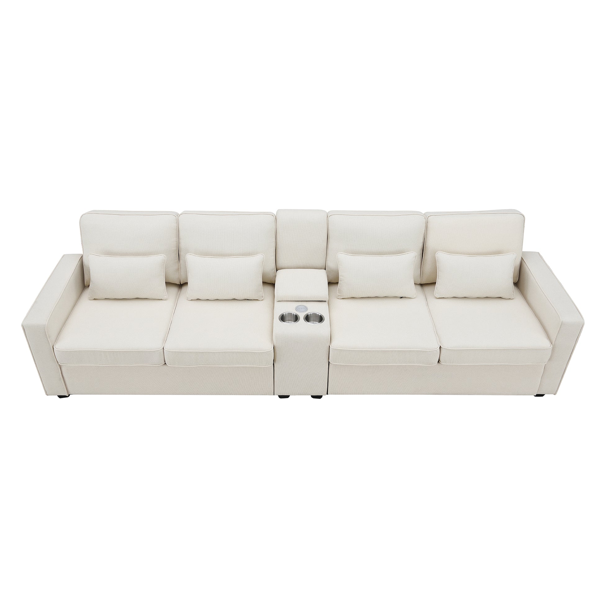 114.2" Upholstered Sofa With Console, 2 Cupholders And 2 Usb Ports Wired Or Wirelessly Charged, Modern Linen Fabric Couches With 4 Pillows For Living Room, Apartment 4 Seat Beige Fabric 4 Seat