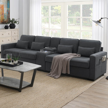 114.2" Upholstered Sofa With Console, 2 Cupholders And 2 Usb Ports Wired Or Wirelessly Charged, Modern Linen Fabric Couches With 4 Pillows For Living Room, Apartment 4 Seat Dark Grey Fabric 4 Seat