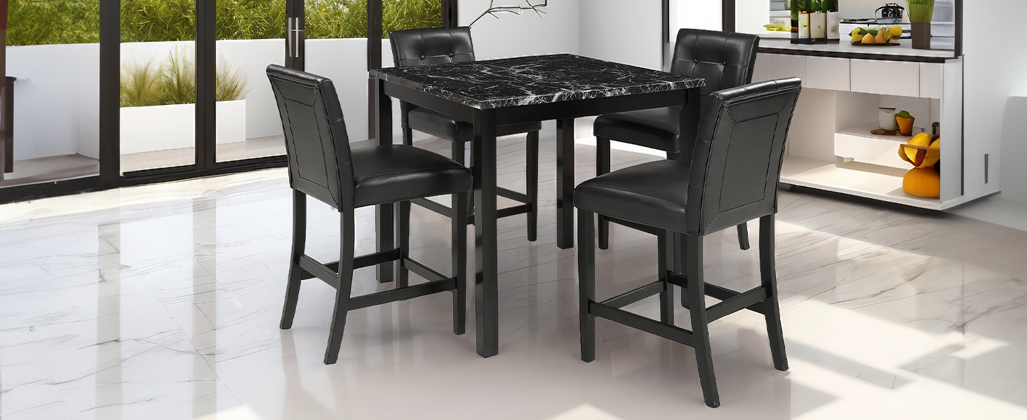 5 Piece Kitchen Table Set Faux Marble Top Counter Height Dining Table Set With 4 Pu Leather Upholstered Chairs, Black Wood Dining Room Solid Wood Rubberwood Rectangular Dining Table With Chair Upholstered Chair Wood Black Solid Back Seats 4 36 Inches