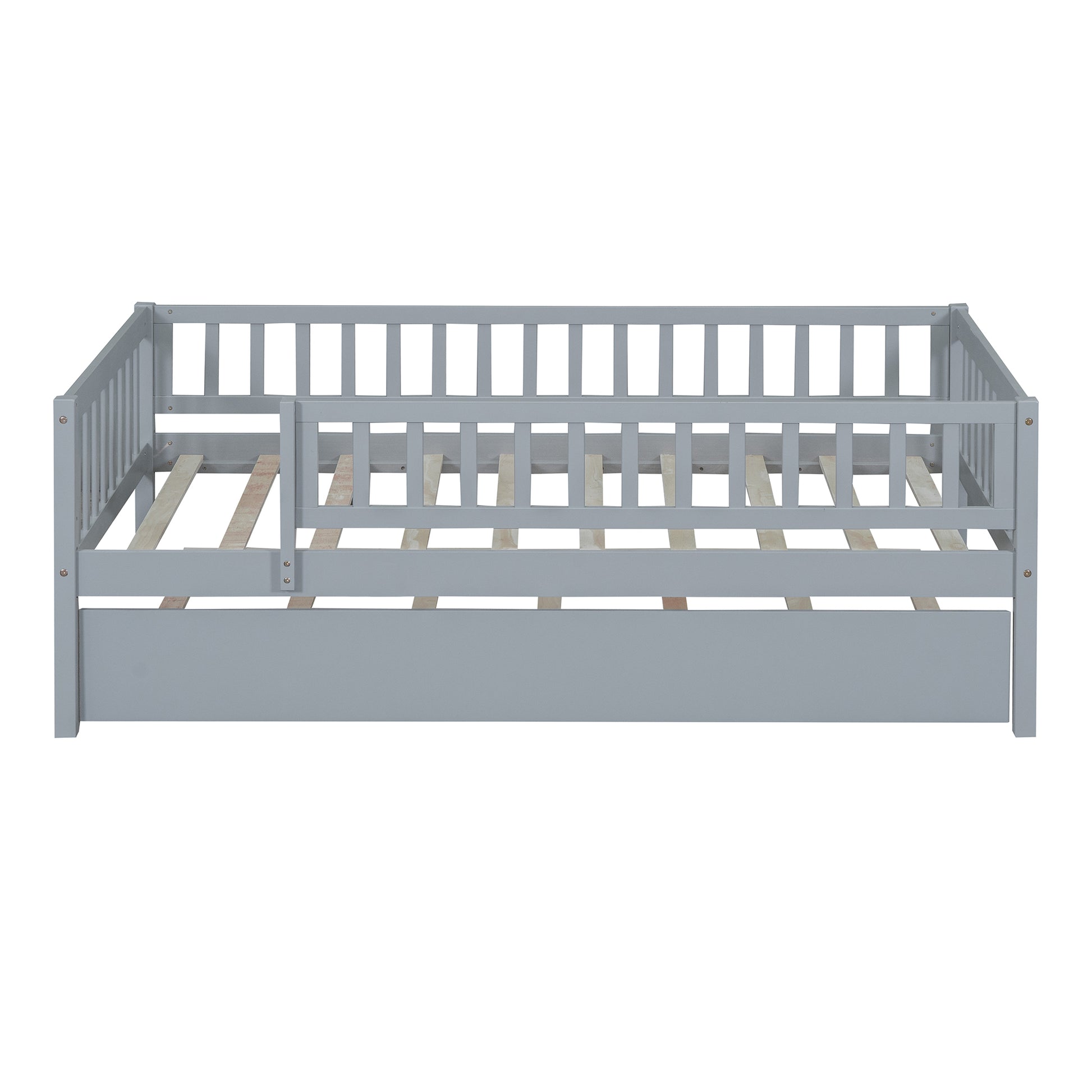 Twin Size Wood Daybed With Trundle And Fence Guardrails, Gray Twin Gray Solid Wood Mdf