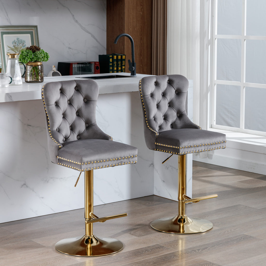 Thick Golden Swivel Velvet Barstools Adjusatble Seat Height From 25 33 Inch, Modern Upholstered Bar Stools With Backs Comfortable Tufted For Home Pub And Kitchen Island Gray,Set Of 2 Gray Foam Velvet